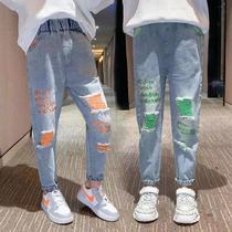 Girl Jeans 2022 Spring New Girl Han Edition Foreign Gas Easy Breaking Hole Pants CUHK Boy Casual Long Pants