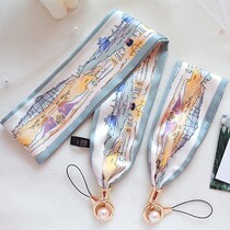 Ice silk oil painting French women silk scarf lanyard neck sling wide version personalized mobile phone chain universal wrist short rope