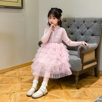 Girls sweater dress 2021 autumn and winter new small fragrant style princess dress girl foreign style knitted gauze skirt cake skirt
