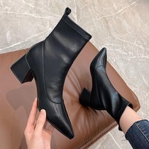Stretch boots Womens booties New autumn and winter black Middle tube pointed high-heeled thin boots rough heel socks boots