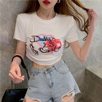 Port wind print chic short-sleeved t-shirt womens tight summer 2021 new high waist thin exposed umbilical short top ins