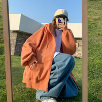 Orange coat womens early autumn thin casual sports cardigan sweater tide ins hooded loose Korean autumn wild