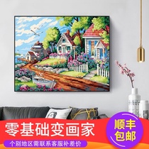 diy digital oil painting Hand coloring Oil painting Decompression filling painting Living room bedroom decoration hanging painting Seaside villa