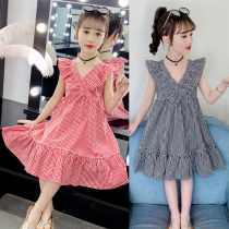 Girls dress 2021 new summer dress V-neck plaid Western style small in large children sleeveless college wind cotton skirt