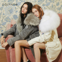 OZLANA Pink Leopard joint new fur coat medium and long Pike womens coat coat fox hair