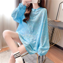 Large size womens clothing 2021 new summer blue shiny long-sleeved sweater women loose Korean version fat mm thin top