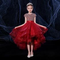 Childrens evening dress girl birthday princess dress puffy gauze red flower girl host catwalk girl piano costume