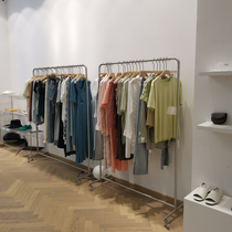 Simple stainless steel brushed silver clothing store display rack mens and womens shop landing Zhongdao rack plus wheel clothing shelf