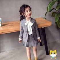 Girl blazer 2021 spring new girl Super foreign air plaid skirt two-piece Childrens Fashion suit