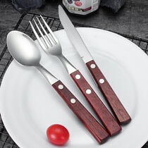 Wooden handle western food knife fork spoon three-piece set 304 stainless steel ins wind high-end tableware household steak knife fork set