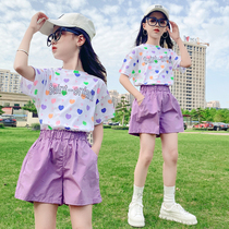 Girls Summer Suit 2022 New Children CUHK Childrens Dress Girl Foreign Air Short Sleeve T-shirt Shorts Two Sets