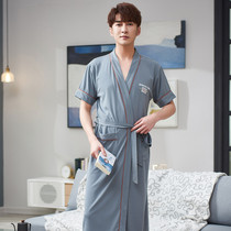 Nightgown mens summer cotton thin sexy bathrobe short sleeve summer mens Japanese cotton kimono medium long pajamas