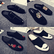 Baotou half slippers men's summer social lazy bean shoes breathable heel-free canvas tide shoes Korean version of net red slippers