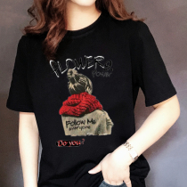 Summer black t-shirt womens short-sleeved cotton round neck loose plus size Korean printing half-sleeved white slim slim tide