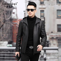 Deerskin leather mens new slim hooded leather down jacket Haining fur high-end leather jacket mens tide jacket