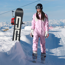 SEARIPE new one-piece ski suit men and women set veneer weatherproof waterproof double board ski pants clip Cotton