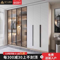 Light luxury glass door wardrobe modern simple home bedroom solid wood cloakroom combination custom swing door wardrobe
