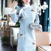 Improved cheongsam autumn and winter Chinese wind eroded bone young thick warm sweet long sleeve warlord wife dress