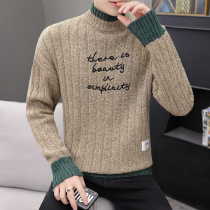 Semi-turtleneck sweater mens velvet long-sleeved trend warm middle collar base sweater thickened inner line clothing autumn and winter clothes