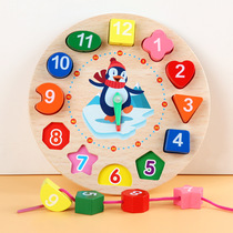 Wooden digital clock children alarm clock puzzle early education beaded building block baby stereo puzzle shape matching toy