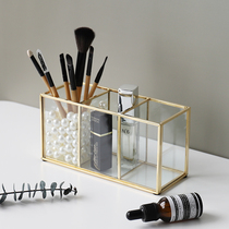 Nordic style Brass cosmetics classification Golden glass box desktop lipstick makeup brush four-compartment storage