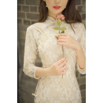 White lace cheongsam dress girl 2021 new improved autumn retro daily temperament young middle length