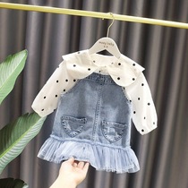 Baby girl foreign style suspender skirt 2022 new childrens spring dress Korean dress girl denim suspender skirt gauze skirt