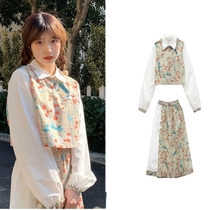 2021 summer and autumn new simple floral antique long sleeve shirt collar high waist skirt set women