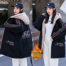 Lamb coat womens winter long Korean students loose size Slim Plus velvet thick hooded cotton clothes