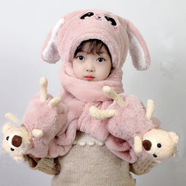 Children's hat scarf one winter moving rabbit ears boys and girls baby cute padded plush warm parent-child