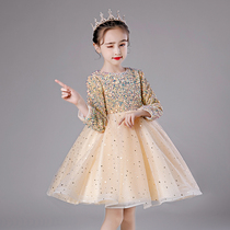Flower girl wedding little girl dress high-end piano performance princess dress autumn and winter thick long sleeve childrens birthday