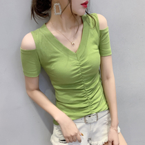 Womens 2021 new sexy V-neck T-shirt womens short-sleeved summer slim slim wild strapless top half-sleeve T-shirt tide