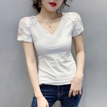 Europe station 2021 summer new sexy V-neck T-shirt womens short-sleeved slim lace stitching top foreign style small shirt tide