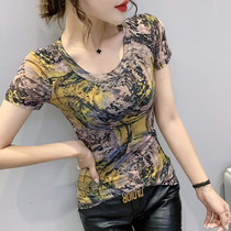European station 2021 summer new fashion print T-shirt womens short sleeve slim body slim thin foreign-style mesh coat