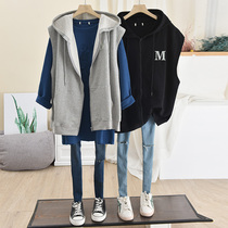 21 Spring and Autumn Thin Korean version of loose size simple sleeveless zipper cardigan jacket ins hooded vest vest Vest Women