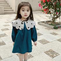 2021 spring new childrens clothing Korean edition girls fashion polka dot large lapel long sleeve dress childrens casual skirt