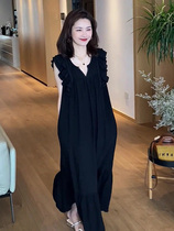 French style high-end temperament long Hepburn style black dress summer womens clothing