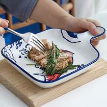 Home creative Japanese bream double ear baking tray ceramic tableware plate with Dish net red dish fish plate set