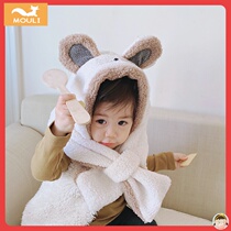Baby hat autumn and winter winter baby childrens cartoon ear cap scarf bib one-piece set 1-2 a 3 years old