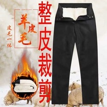 Winter middle-aged and elderly wool pants men plus velvet padded sheepskin cotton pants leather warm cold pants