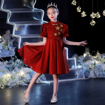 Childrens red princess dress girl Summer foreign air puffy dress piano performance National Tide host dress high-end