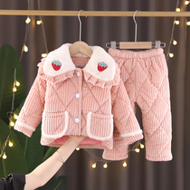 Childrens flannel cotton pajamas autumn and winter girls coral velvet thickened warm baby girl home clothing set
