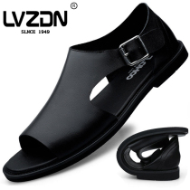 Mens Head Layer Cow Leather Business Casual Sandals Men Breathable Beach Shoes Soft Leather Soft Bottom Roman Shoes Hollowed-out Cave Shoes