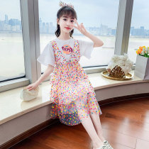 Korean girls summer dress 2021 new foreign style girl short sleeve fake two pieces childrens mesh skirt childrens clothing
