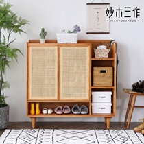 Japanese-style rattan shoe cabinet Household door entrance cabinet Nordic solid wood foyer cabinet large-capacity storage log locker