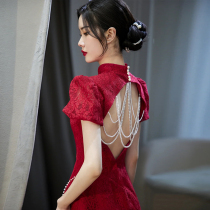 Wine Red Color Toast Bride 2022 New Wedding High-end Engagement Pearl Dew Back Chinese Style Qipao Evening Gown Dress