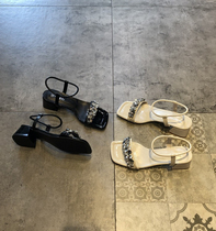 Fashionable rhinestone black chunky heel sandals for ladies 2023 summer new product outerwear one word buckle belt high heels