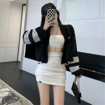 Fried street long-sleeved short sunscreen blouse cardigan jacket two-piece set of womens 2021 new sexy hottie hip skirt
