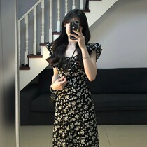 Tea hysteria Black Broken Flowers One-piece Dress Superior sense vintresses Casual Little Subconspicuts Slim high length Skirt Children Summer