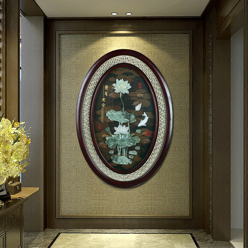 Entrance porch decorative painting ellipse jade carving hanging painting living room corridor corridor new Chinese style road relief craft painting
